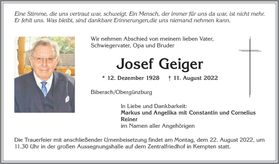 Traueranzeige von Josef Geiger von Allgäuer Zeitung,Kempten