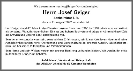 Traueranzeige von Josef Geiger von Allgäuer Zeitung,Kempten