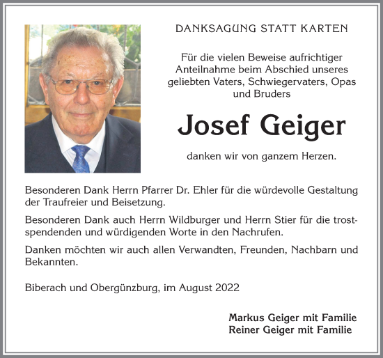 Traueranzeige von Josef Geiger von Allgäuer Zeitung,Kempten