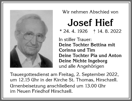 Traueranzeige von Josef Hief von Allgäuer Zeitung, Kaufbeuren/Buchloe