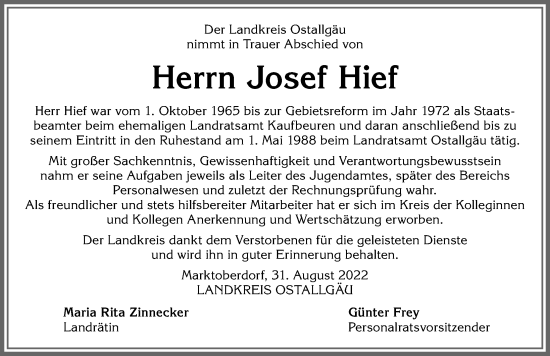 Traueranzeige von Josef Hief von Allgäuer Zeitung, Kaufbeuren/Buchloe