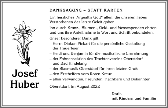 Traueranzeige von Josef Huber von Allgäuer Anzeigeblatt