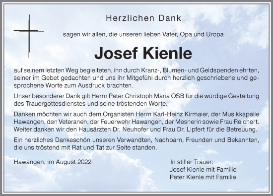 Traueranzeige von Josef Kienle von Memminger Zeitung