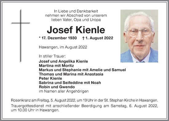 Traueranzeige von Josef Kienle von Memminger Zeitung