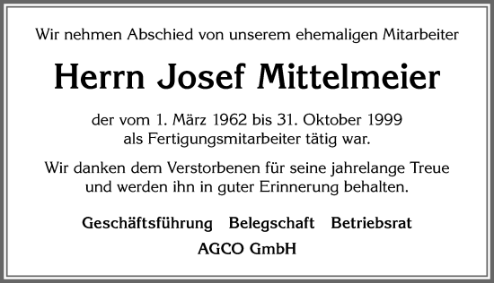 Traueranzeige von Josef Mittelmeier von Allgäuer Zeitung, Marktoberdorf