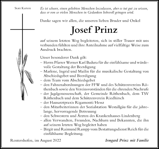 Traueranzeige von Josef Prinz von Der Westallgäuer