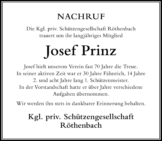Traueranzeige von Josef Prinz von Der Westallgäuer