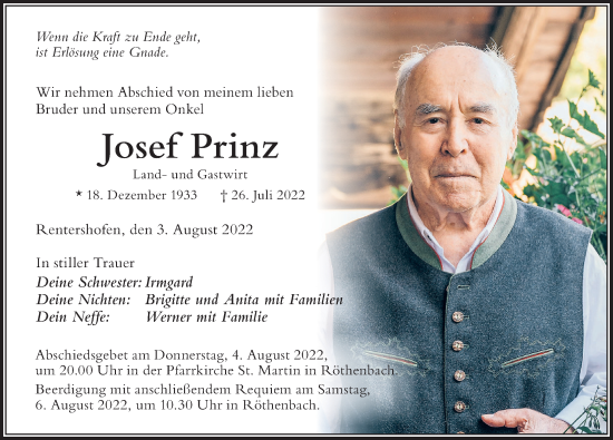 Traueranzeige von Josef Prinz von Der Westallgäuer