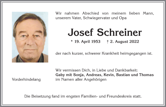 Traueranzeige von Josef Schreiner von Allgäuer Anzeigeblatt