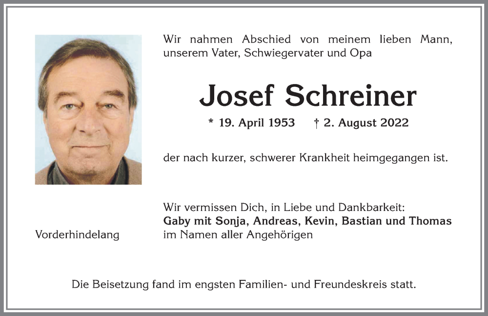  Traueranzeige für Josef Schreiner vom 13.08.2022 aus Allgäuer Anzeigeblatt