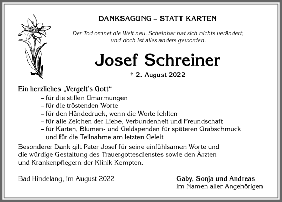 Traueranzeige von Josef Schreiner von Allgäuer Anzeigeblatt
