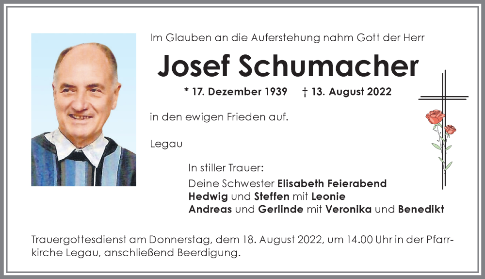  Traueranzeige für Josef Schumacher vom 16.08.2022 aus Memminger Zeitung