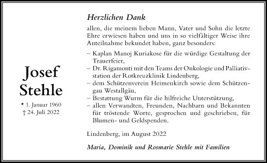 Traueranzeige von Josef Stehle von Der Westallgäuer