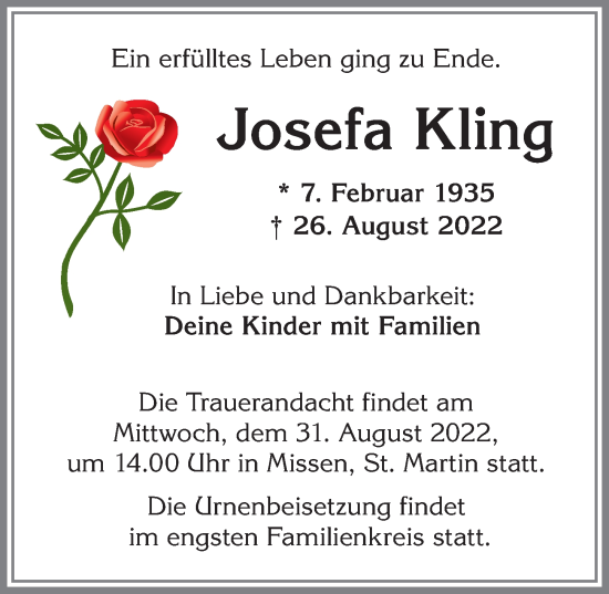 Traueranzeige von Josefa Kling von Allgäuer Anzeigeblatt