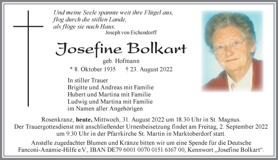 Traueranzeige von Josefine Bolkart von Allgäuer Zeitung, Marktoberdorf