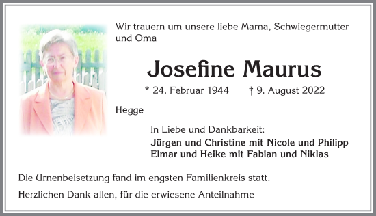 Traueranzeige von Josefine Maurus von Allgäuer Zeitung,Kempten
