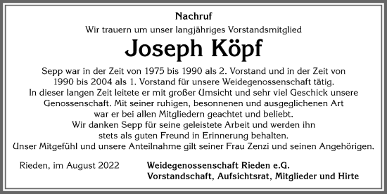 Traueranzeige von Joseph Köpf von Allgäuer Zeitung, Füssen