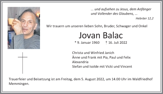 Traueranzeige von Jovan Balac von Memminger Zeitung