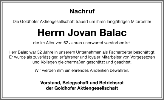 Traueranzeige von Jovan Balac von Memminger Zeitung