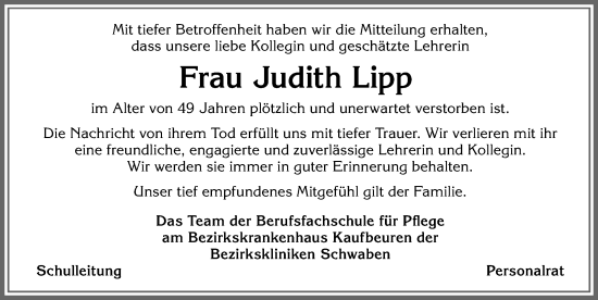 Traueranzeige von Judith Lipp von Allgäuer Zeitung, Füssen