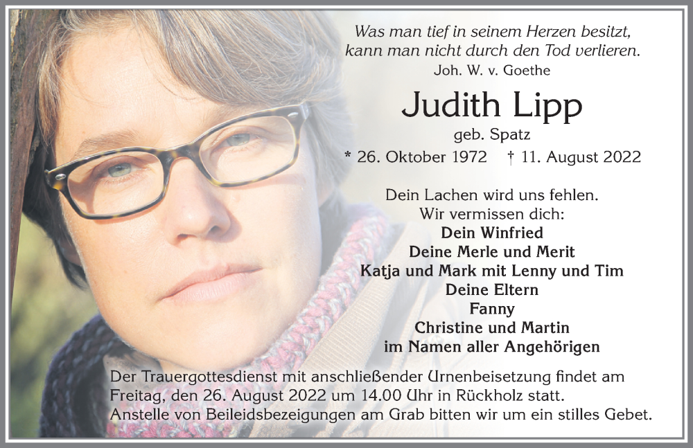  Traueranzeige für Judith Lipp vom 23.08.2022 aus Allgäuer Zeitung, Füssen