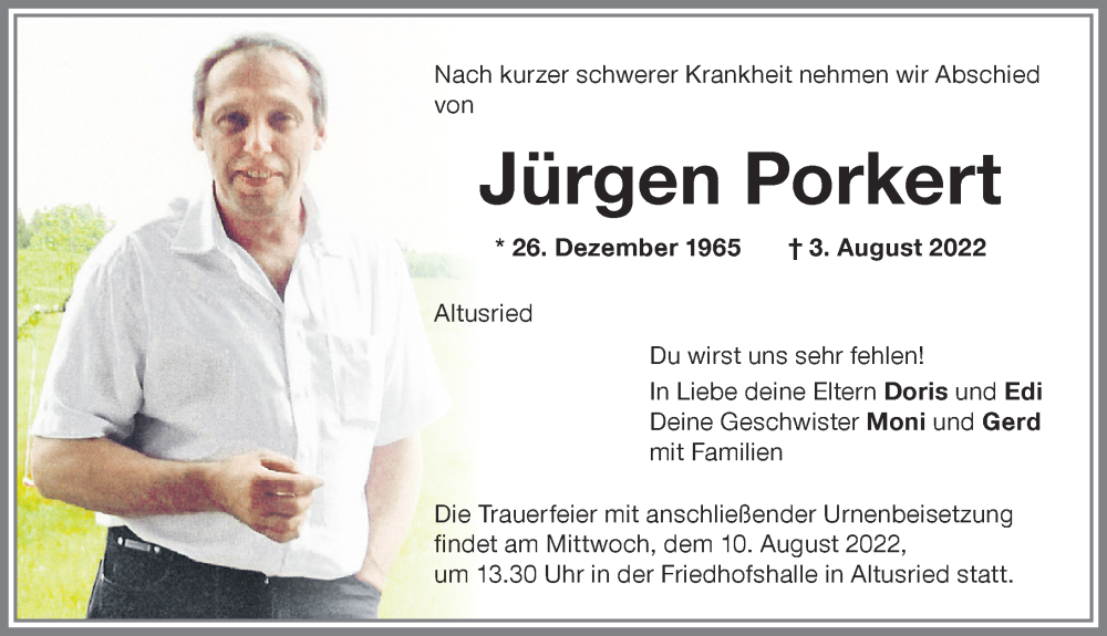  Traueranzeige für Jürgen Porkert vom 08.08.2022 aus Allgäuer Zeitung,Kempten