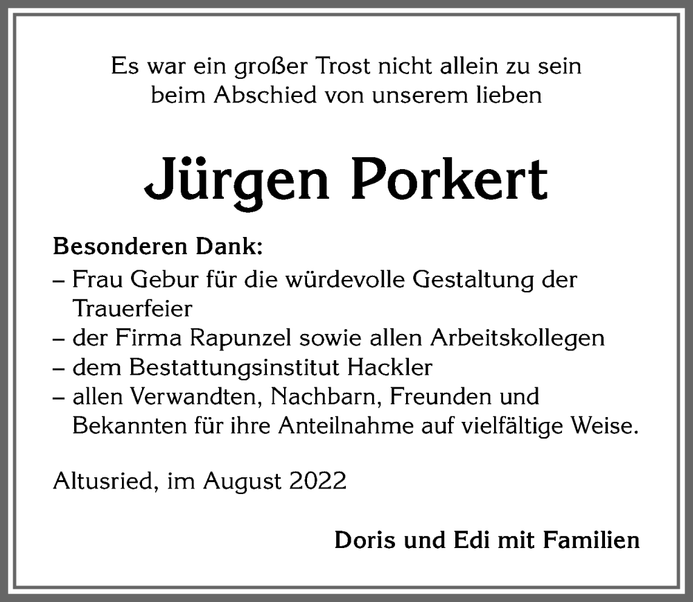  Traueranzeige für Jürgen Porkert vom 20.08.2022 aus Allgäuer Zeitung,Kempten