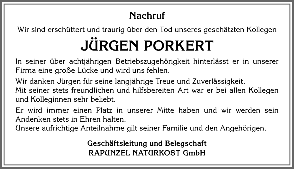  Traueranzeige für Jürgen Porkert vom 09.08.2022 aus Allgäuer Zeitung,Kempten