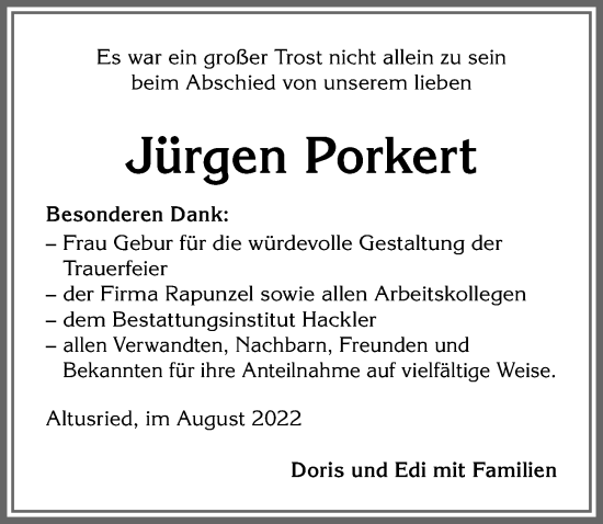 Traueranzeige von Jürgen Porkert von Allgäuer Zeitung,Kempten