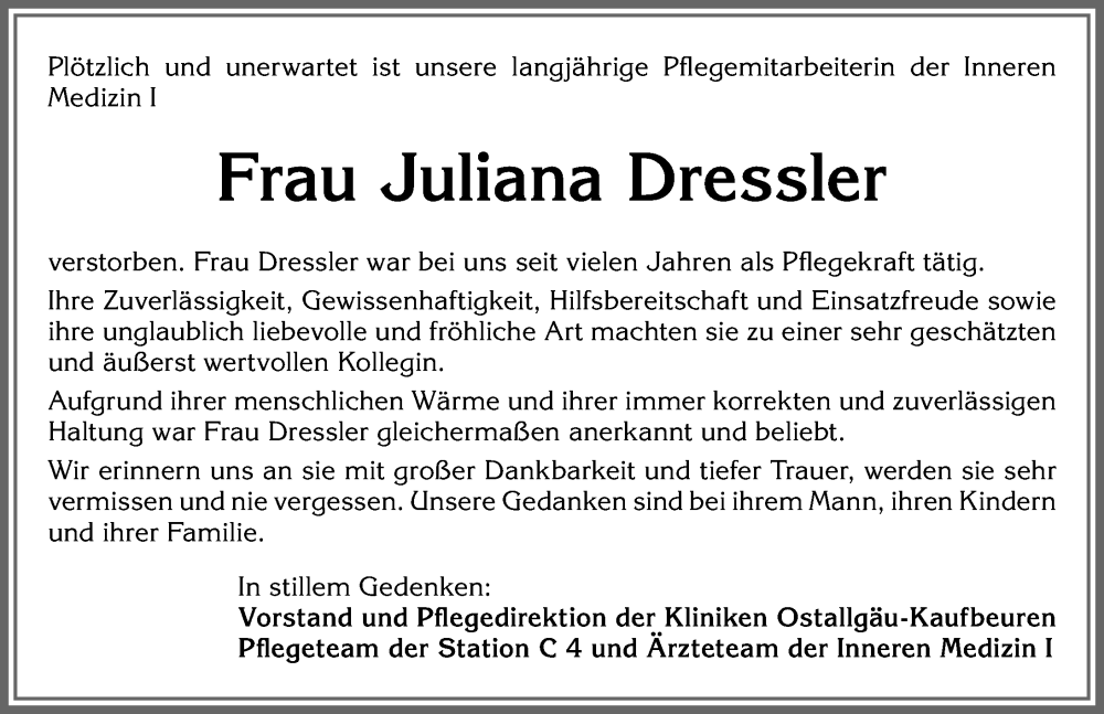  Traueranzeige für Juliana Dressler vom 09.08.2022 aus Allgäuer Zeitung, Kaufbeuren/Buchloe