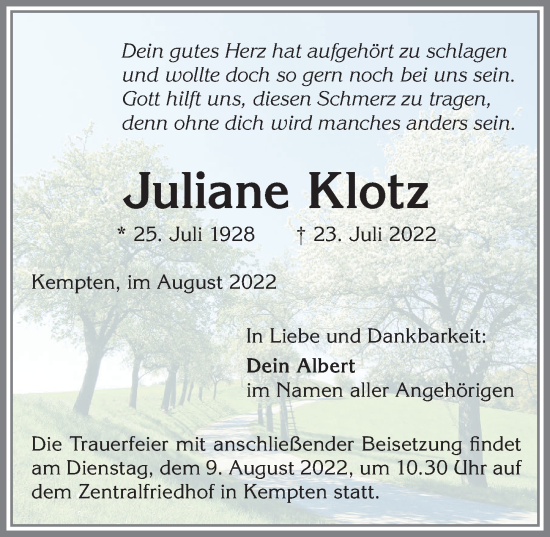 Traueranzeige von Juliane Klotz von Allgäuer Zeitung,Kempten