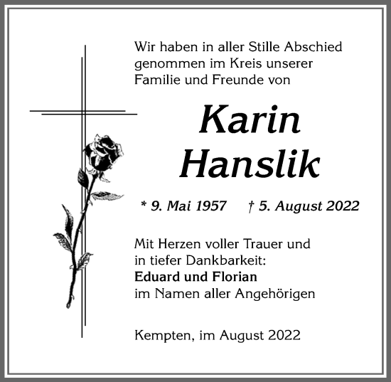 Traueranzeige von Karin Hanslik von Allgäuer Zeitung,Kempten