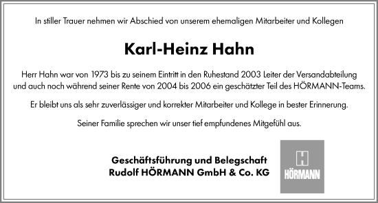 Traueranzeige von Karl-Heinz Hahn von Allgäuer Zeitung, Kaufbeuren/Buchloe