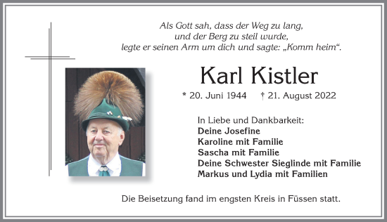 Traueranzeige von Karl Kistler von Allgäuer Zeitung, Füssen