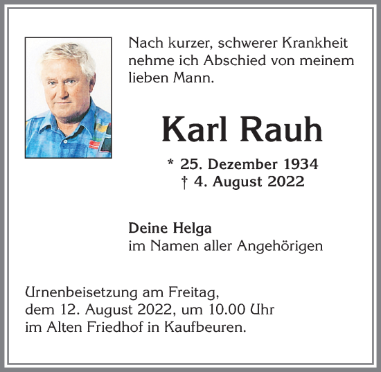 Traueranzeige von Karl Rauh von Allgäuer Zeitung, Kaufbeuren/Buchloe