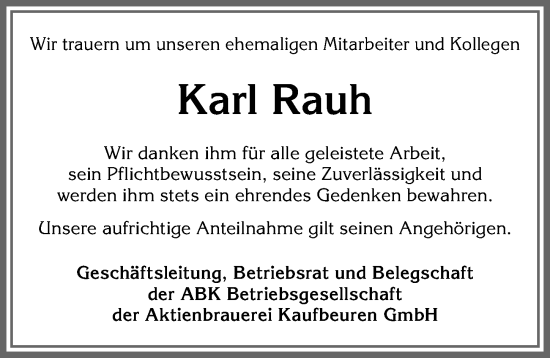 Traueranzeige von Karl Rauh von Allgäuer Zeitung, Kaufbeuren/Buchloe