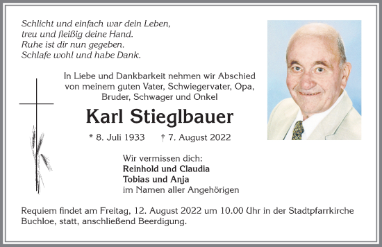 Traueranzeige von Karl Stieglbauer von Allgäuer Zeitung, Kaufbeuren/Buchloe