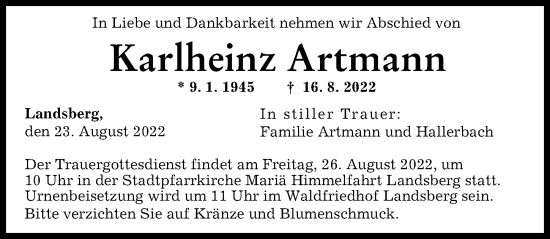 Traueranzeige von Karlheinz Artmann von Schwabmünchner Allgemeine, Augsburger Allgemeine