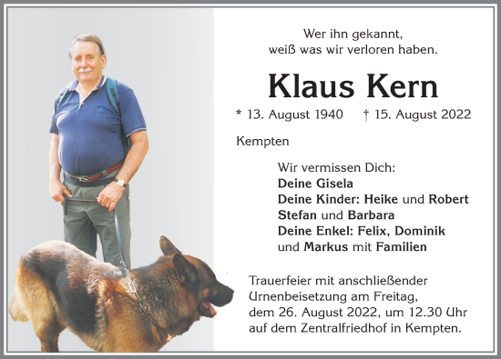 Traueranzeige von Klaus Kern von Allgäuer Zeitung,Kempten