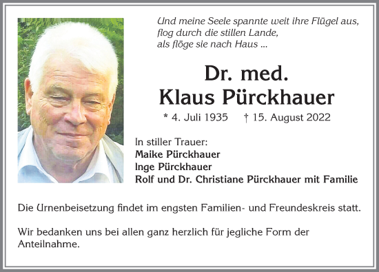 Traueranzeige von Klaus Pürckhauer von Allgäuer Zeitung,Kempten