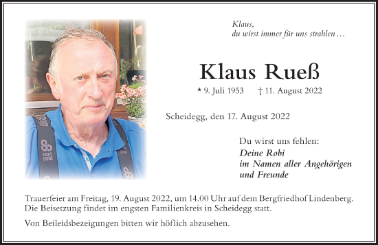 Traueranzeige von Klaus Rueß von Der Westallgäuer