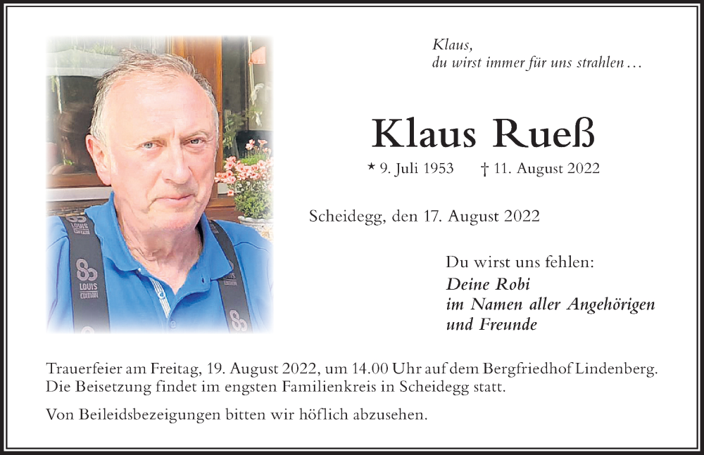  Traueranzeige für Klaus Rueß vom 17.08.2022 aus Der Westallgäuer