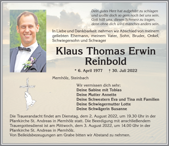 Traueranzeige von Klaus Thomas Erwin Reinbold von Allgäuer Anzeigeblatt