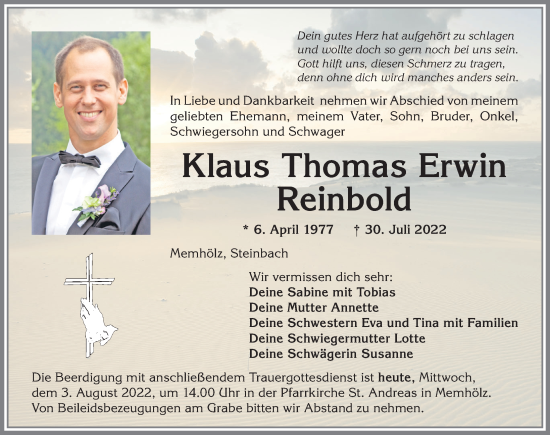 Traueranzeige von Klaus Thomas Erwin Reinbold von Allgäuer Zeitung,Kempten