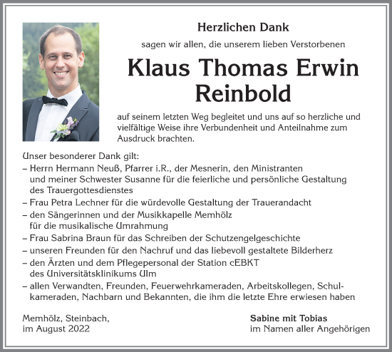Traueranzeige von Klaus Thomas Erwin Reinbold von Allgäuer Zeitung,Kempten