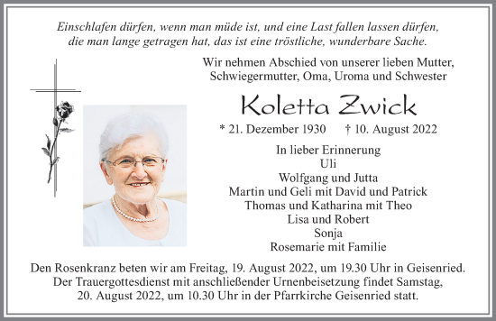 Traueranzeige von Koletta Zwick von Allgäuer Zeitung, Marktoberdorf