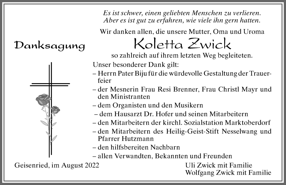  Traueranzeige für Koletta Zwick vom 30.08.2022 aus Allgäuer Zeitung, Marktoberdorf