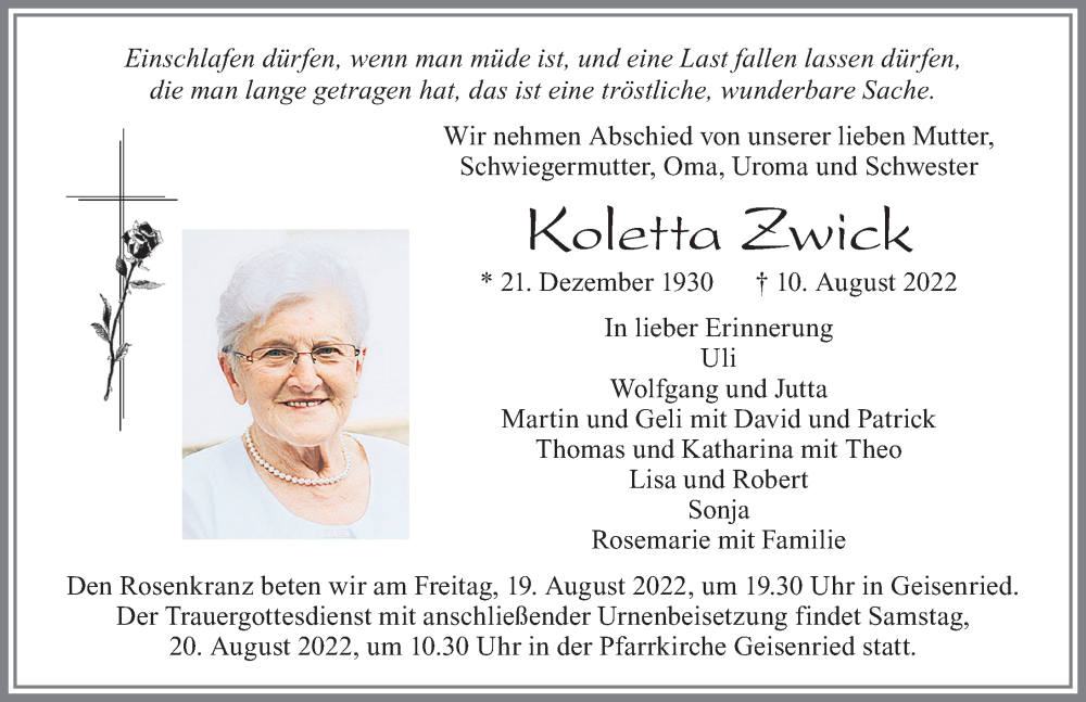  Traueranzeige für Koletta Zwick vom 17.08.2022 aus Allgäuer Zeitung, Marktoberdorf