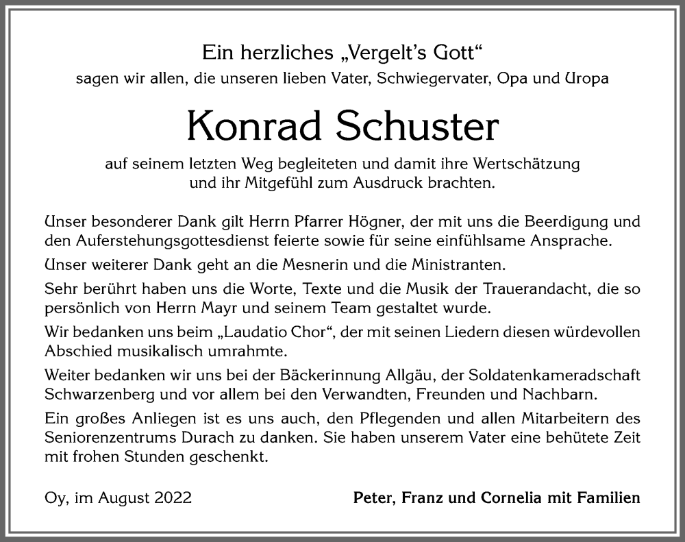 Traueranzeige für Konrad Schuster vom 20.08.2022 aus Allgäuer Zeitung,Kempten