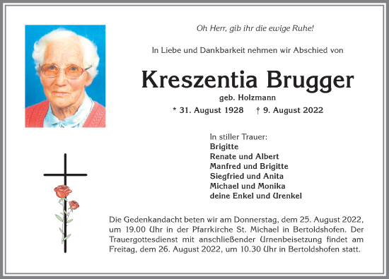 Traueranzeige von Kreszentia Brugger von Allgäuer Zeitung, Marktoberdorf